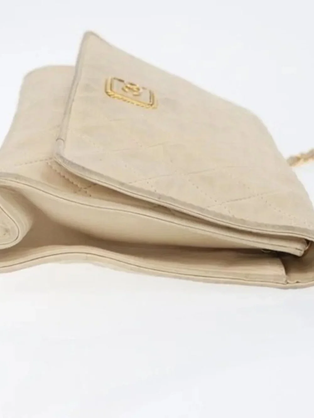 CHANEL Matelasse Chain Shoulder Bag Lamb Skin Beige Gold CC Auth BA10672